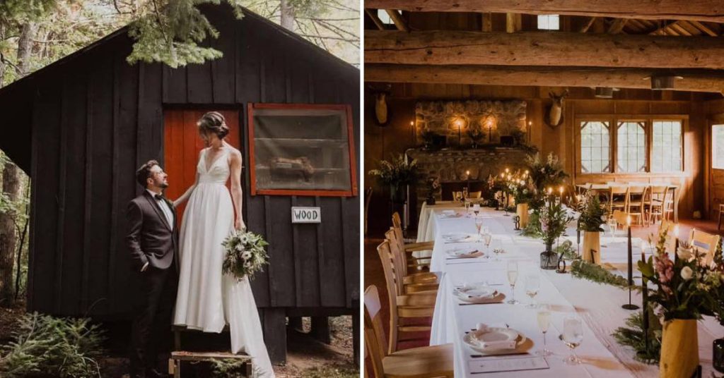 bride and groom on left, wedding setup on right