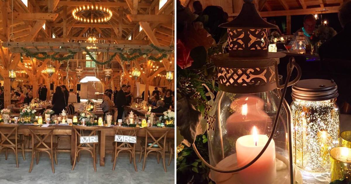 wedding setup on the left, candles on the right