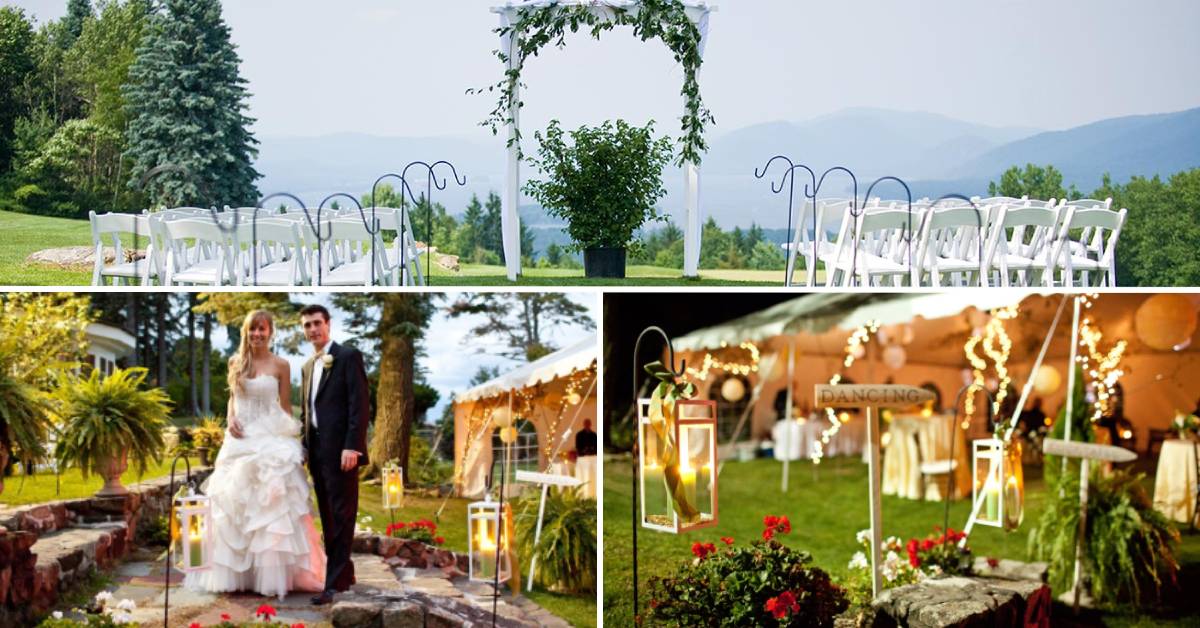 collage of wedding photos with ceremony space, couple, and tent outdoors
