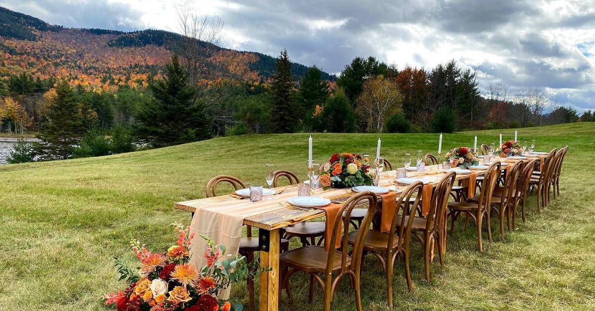 table set up in field for wedding